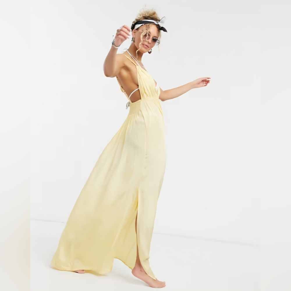 ASOS DESIGN rope detail v front beach maxi dress in golden yellow Size 8